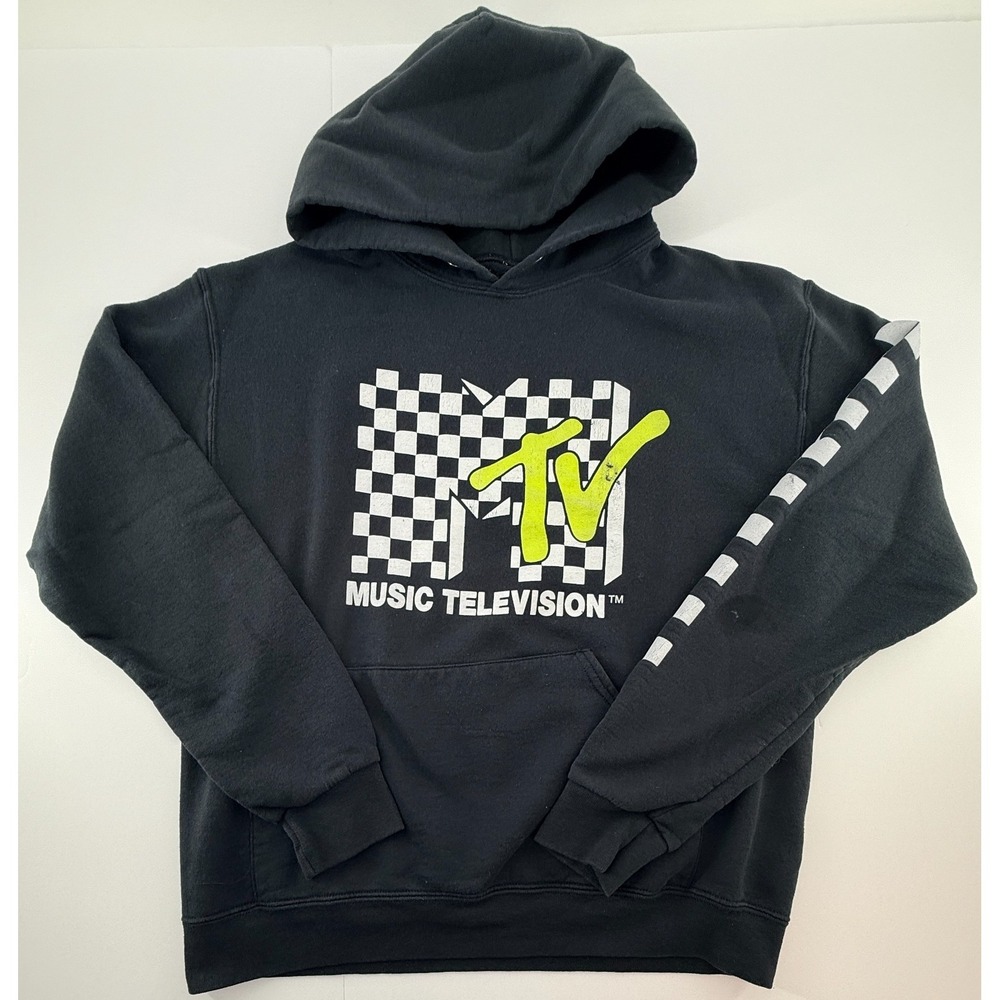MTV Hoodie Mens Medium Black Graphic Pullover Checkerboard Music TV Streetwear